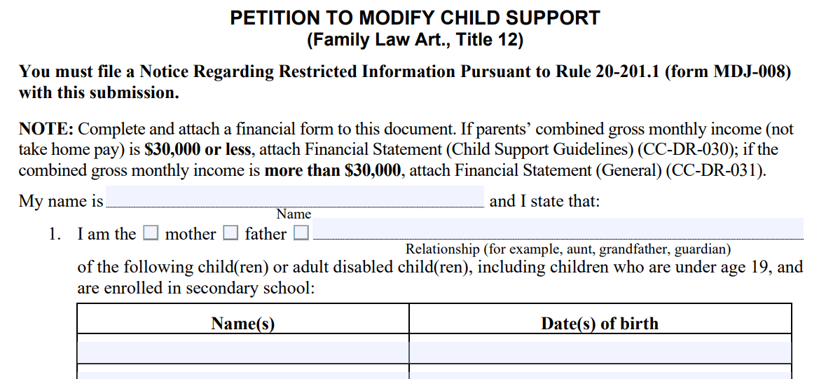 Child support md modification information