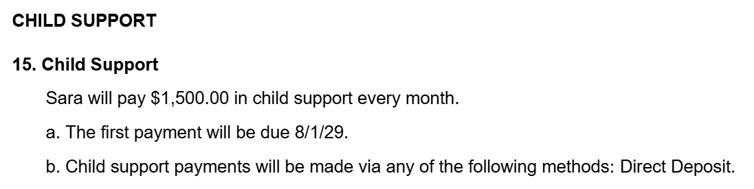 Parenting plan provision naming the support obligor, the monthly support amount, how often it is to be paid and the payment method.