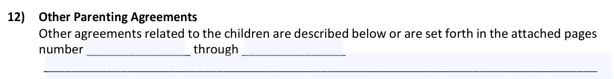 Vermont's template has a line for 'Other parenting agreements' where a parent can write details or indicate that they've attached pages.