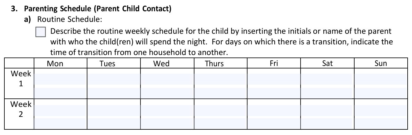 Form with small boxes to enter detail about Week 1 and Week 2