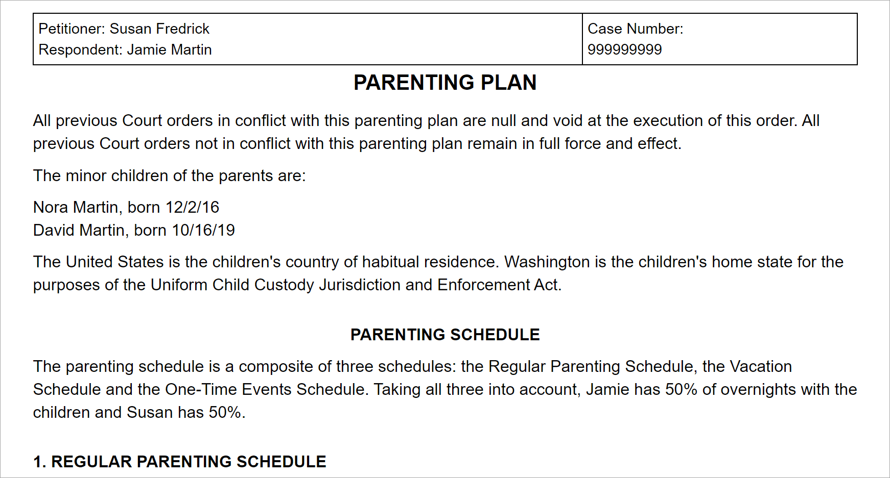 Washington Residential Schedule and Visitation Guidelines (WA)