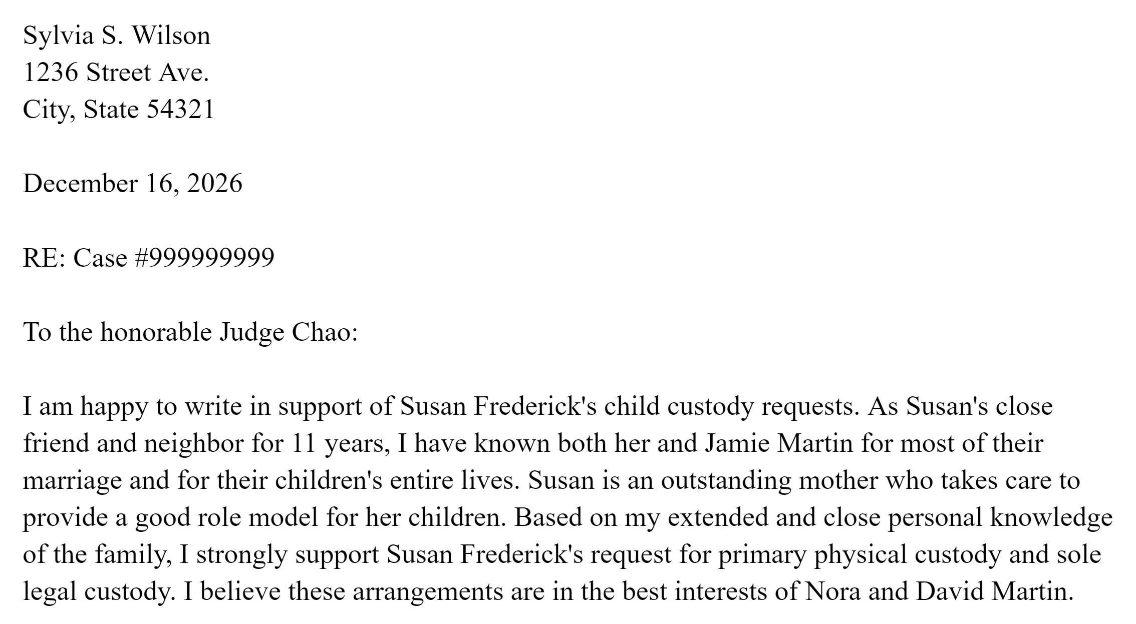 Character Reference Letter For Court Child Custody Template