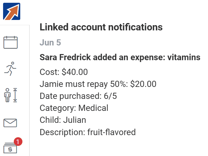 Notification that one parent recorded spending $40 on vitamins, and the linked parent is notified they owe half.